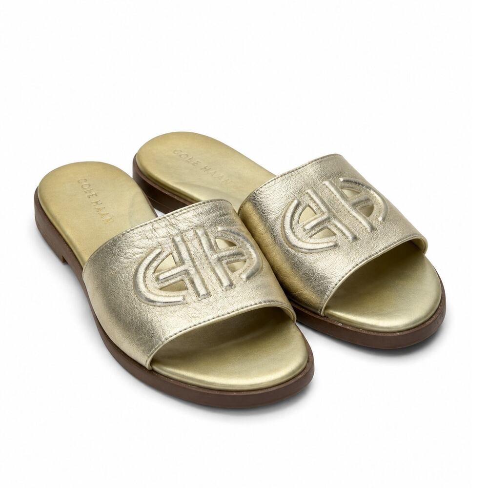 Cole Haan Flynn Gold Leather Logo Slide Sandals Size 6.5B